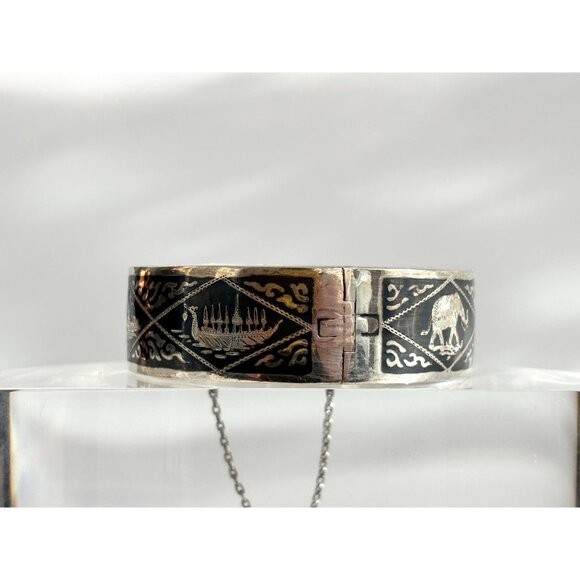Siam Sterling Silver 925 Hand Carved Hinged Vintage Bangle Bracelet | Bangle - Picture 5 of 13